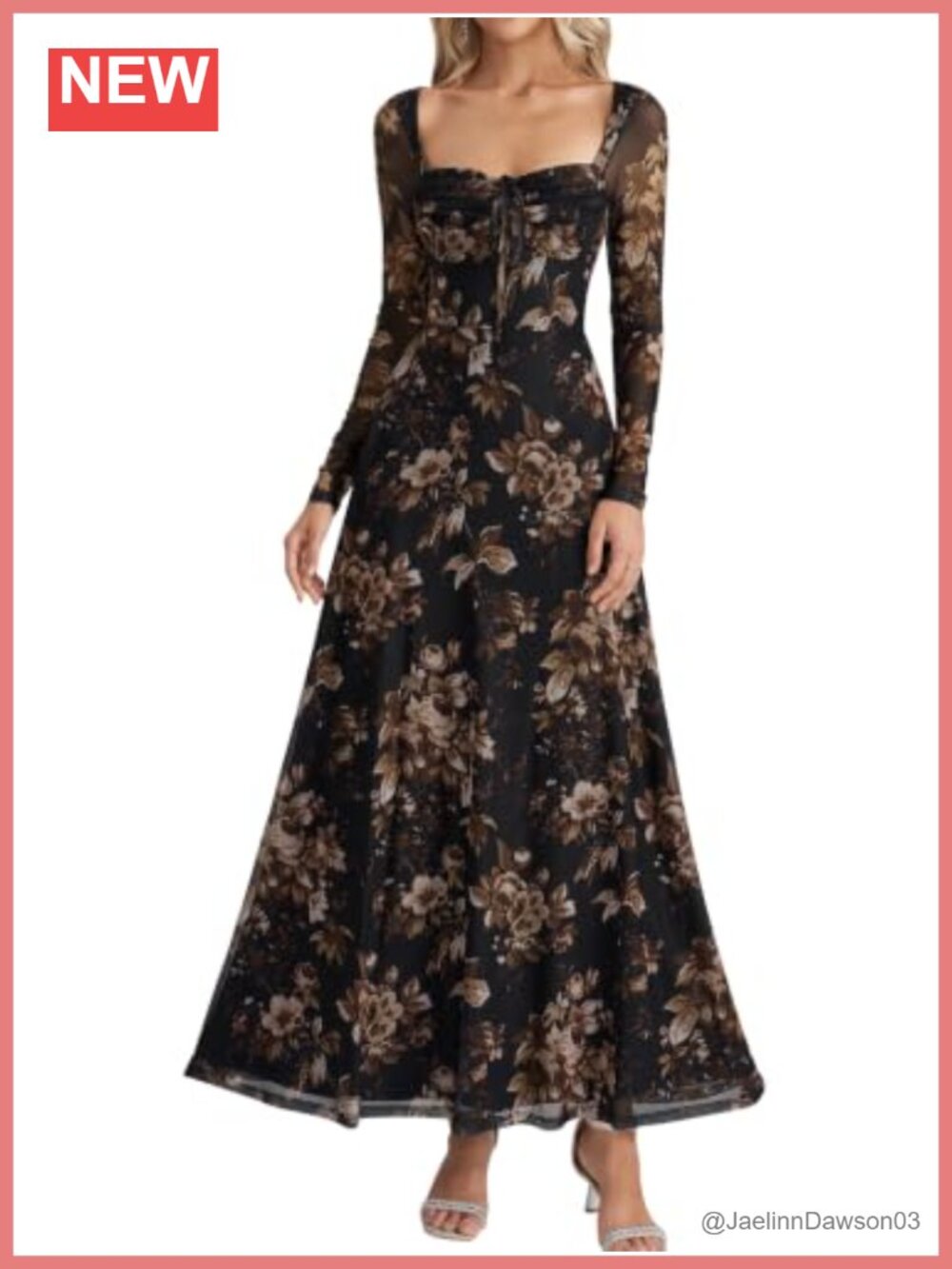 Women's Fall Long Sleeve Mesh Maxi Dress Square Neck A-Line Formal Wedding Guest
